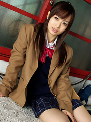 Hikari Yamaguchi Asian in uniform and coat wants to share choco